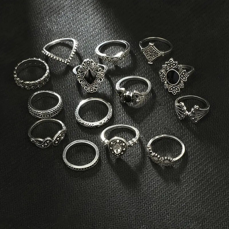 Σετ 15 δαχτυλιδιών Harajuku σε στυλ συνδυασμού, ρετρό χιπ χοπ ντίσκο, δείκτης, μοντέρνο δαχτυλίδι