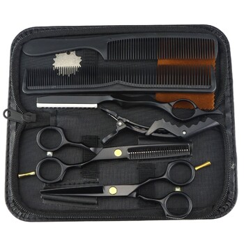 Foarfece de coafură negre de 5,5 inch, foarfece cu dinți plați, foarfece pentru subțiere, set de foarfece