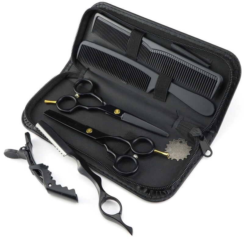 Foarfece de coafură negre de 5,5 inch, foarfece cu dinți plați, foarfece pentru subțiere, set de foarfece