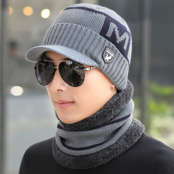 Vyriška žieminė šilta vilnonė kepurė ir aksominė sustorinta megzta kepurė su korėjietiško stiliaus dviejų dalių šaliku, ausų apsaugos komplektas