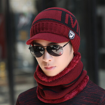 Vyriška žieminė šilta vilnonė kepurė ir aksominė sustorinta megzta kepurė su korėjietiško stiliaus dviejų dalių šaliku, ausų apsaugos komplektas