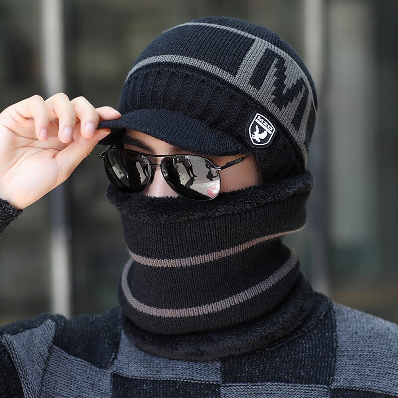 Vyriška žieminė šilta vilnonė kepurė ir aksominė sustorinta megzta kepurė su korėjietiško stiliaus dviejų dalių šaliku, ausų apsaugos komplektas