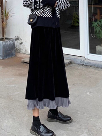 Naiste poolpikk sametseelik, sügis-talvine must kõrge vöökohaga seelik, lai volditud talveseelik kampsuniga