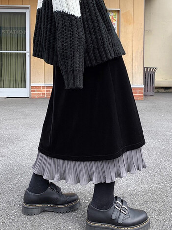 Naiste poolpikk sametseelik, sügis-talvine must kõrge vöökohaga seelik, lai volditud talveseelik kampsuniga