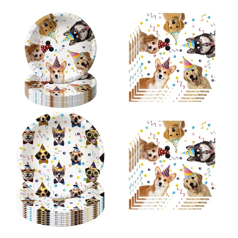 Naujas naminių gyvūnėlių tematikos dekoravimo rinkinys su vėliavėlės balionu, popieriniu puodeliu, popierine lėkšte, servetėlių balionų kompozicijų reikmenimis