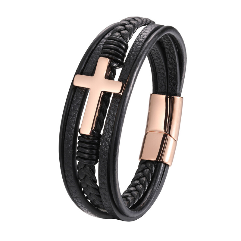 Melna daudzslāņu ādas vīriešu aproce ar krustiņu, ādas aukliņu, pītām rotaslietām, nerūsējošā tērauda aproce, īsta āda, magnētiskā sprādze