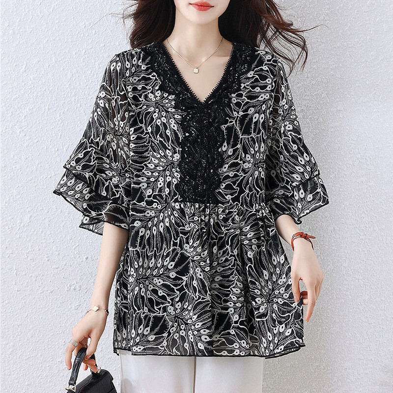 552 Tricou de damă mărime mare, vara 2025, produse noi, material care acoperă carnea, șifon subțire, top cu temperament