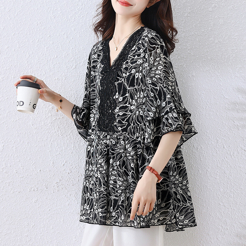 552 Tricou de damă mărime mare, vara 2025, produse noi, material care acoperă carnea, șifon subțire, top cu temperament