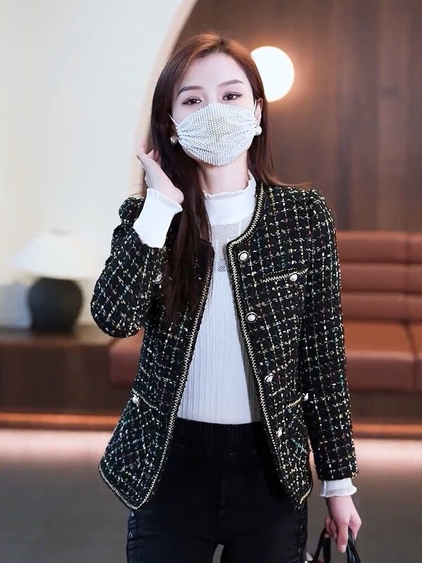 Madingas plonas palaidinukas su apvalia iškirpte, pavasarinis, naujas, ilgomis rankovėmis, languotas, mažas, „Chanel“ stiliaus, prabangus, moteriškas trumpas švarkelis.