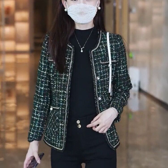 Madingas plonas palaidinukas su apvalia iškirpte, pavasarinis, naujas, ilgomis rankovėmis, languotas, mažas, „Chanel“ stiliaus, prabangus, moteriškas trumpas švarkelis.