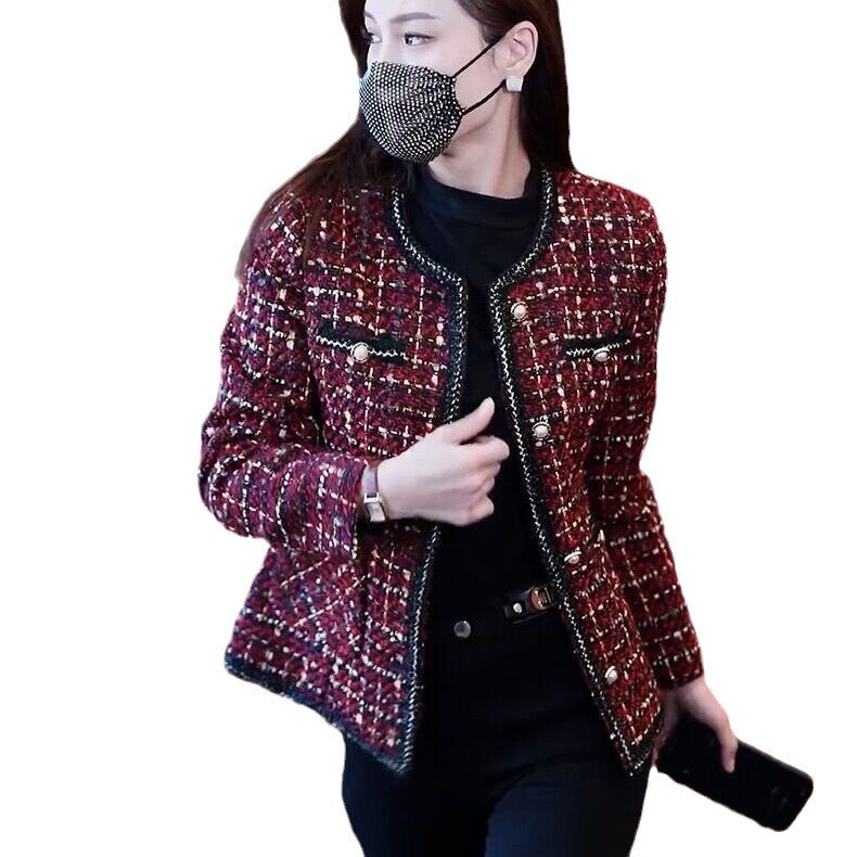 Madingas plonas palaidinukas su apvalia iškirpte, pavasarinis, naujas, ilgomis rankovėmis, languotas, mažas, „Chanel“ stiliaus, prabangus, moteriškas trumpas švarkelis.