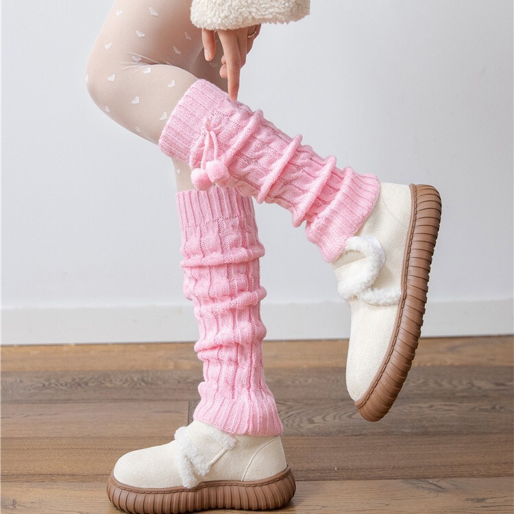 Ροζ κάλτσες για κορίτσια σε στυλ μπαλέτου Lolita, χαριτωμένες γούνινες κάλτσες JK, ζεστές πλεκτές κάλτσες για τα πόδια για το φθινόπωρο και τον χειμώνα