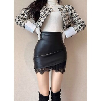 Crna, visokostrukirana, uska kožna suknja, ženska, jesen i zima 2024., nova korejska verzija, uska kratka suknja s jednim korakom