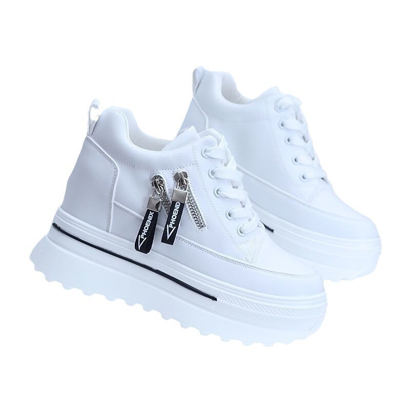 Pantofi sport pentru femei, albi, toamna 2024, stil nou, universali, înalți, mici, casual, sport, cu talpă groasă