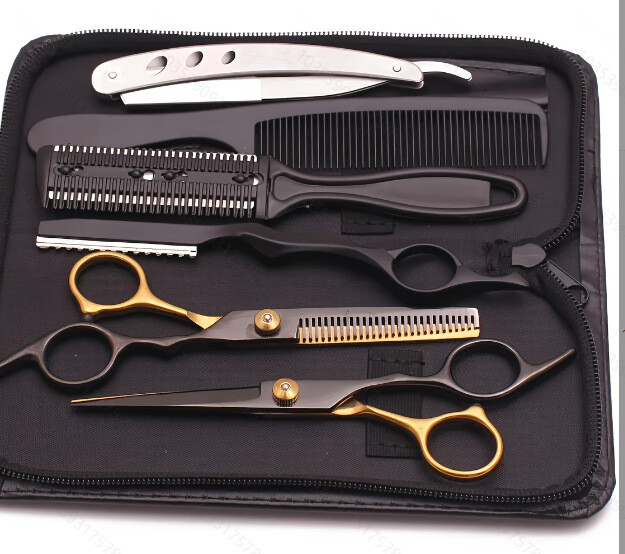 Kirpėjų žirklės su plokščiais dantimis, žirklės su lenktais dantimis kirpimui, specialios žirklės šunims ir naminiams gyvūnėliams, priežiūros žirklių rinkinys