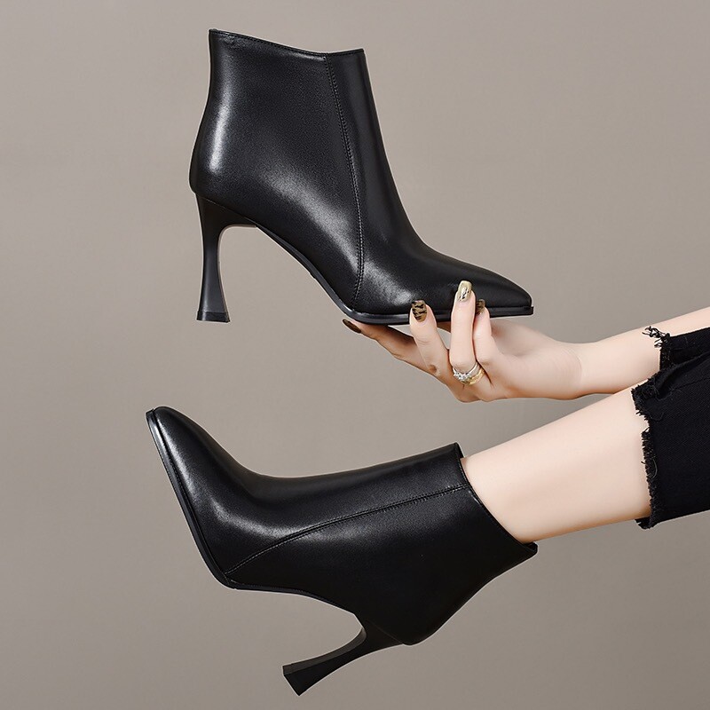 Moteriški aukštakulniai aulinukai iš natūralios odos, trumpi, 2024 m. žiemai, naujas modelis su smailia nosele, madingi, plius aksominiai odiniai bateliai, universalūs, pavasariui ir rudeniui, vieno kulno aulinukai