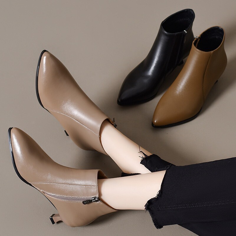 Moteriški aukštakulniai aulinukai iš natūralios odos, trumpi, 2024 m. žiemai, naujas modelis su smailia nosele, madingi, plius aksominiai odiniai bateliai, universalūs, pavasariui ir rudeniui, vieno kulno aulinukai