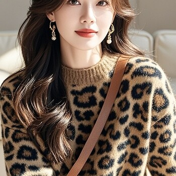 Pulover pentru femei cu imprimeu leopard, pulover moale tricotat cu guler rotund, toamna și iarna 2025, top nou, pufos și la modă, versatil