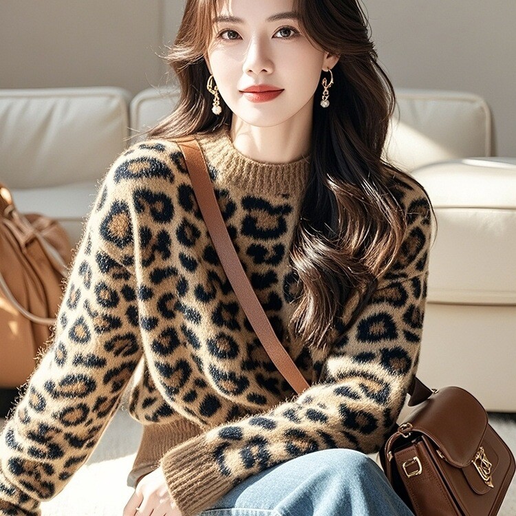 Pulover pentru femei cu imprimeu leopard, pulover moale tricotat cu guler rotund, toamna și iarna 2025, top nou, pufos și la modă, versatil