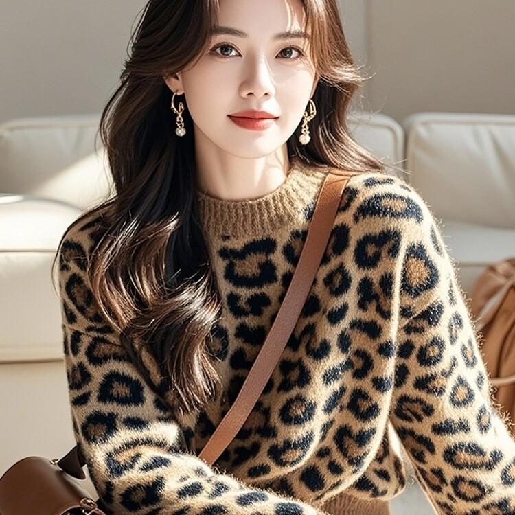 Pulover pentru femei cu imprimeu leopard, pulover moale tricotat cu guler rotund, toamna și iarna 2025, top nou, pufos și la modă, versatil