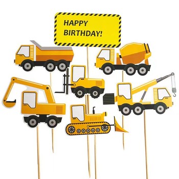 Строително превозно средство, багер, булдозер, строителна площадка, кулокран, пътен знак, пътна бариера, момче, торта за рожден ден, украса, картичка, плъгин
