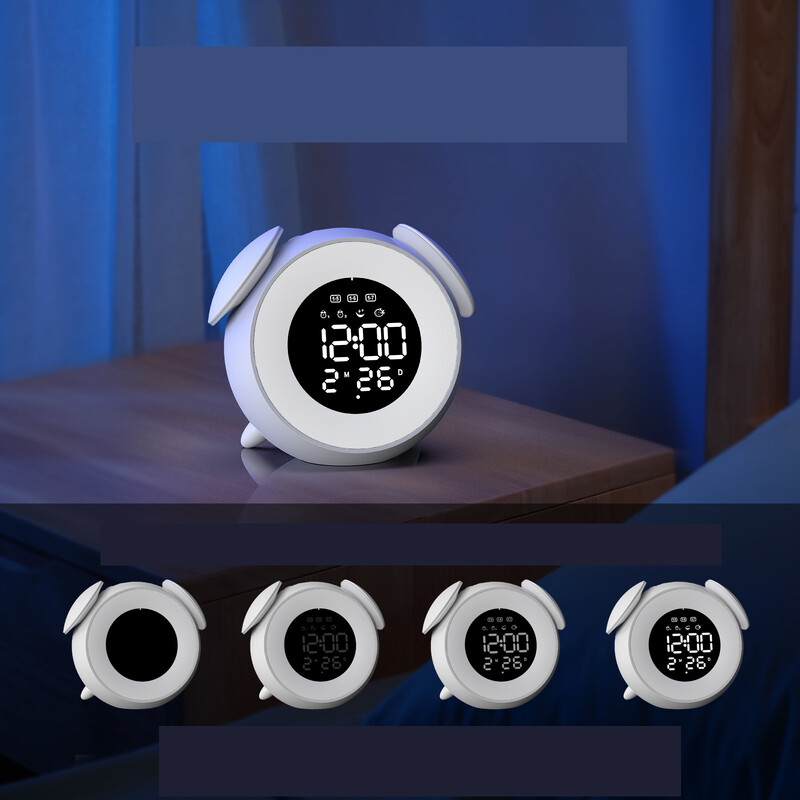 Įkraunamas spalvotas laikrodis su LED saulėlydžio laikmačiu ir miego lempute, lietimui jautrus, su spalvotu garsu ant naktinio stalelio, mažas žadintuvas