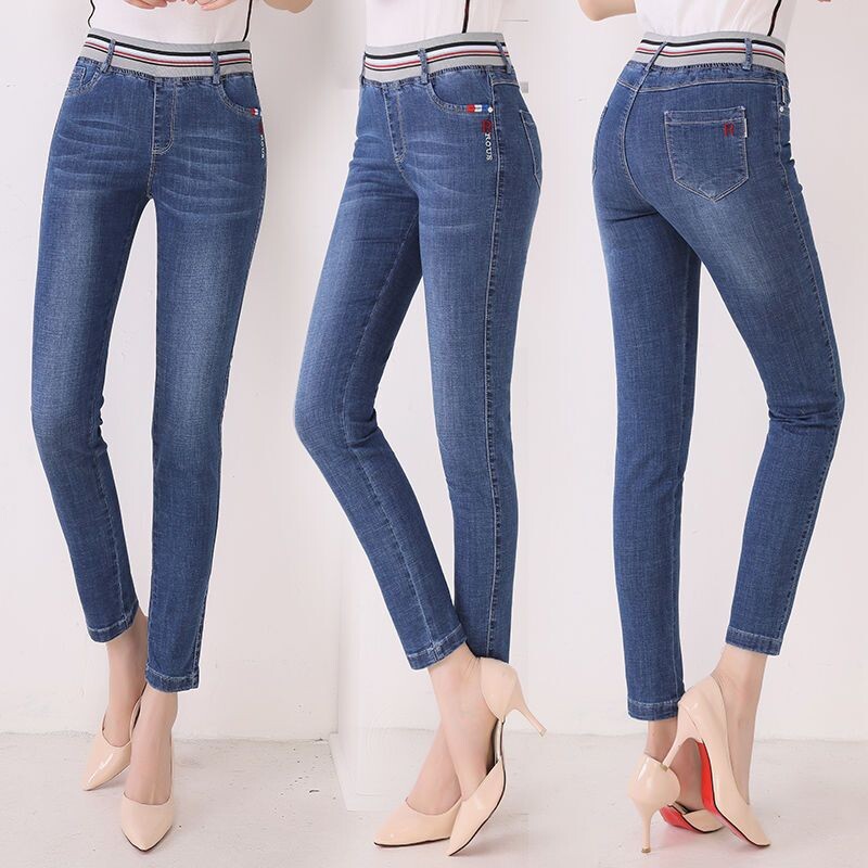 2025. gada deviņu punktu elastīgas džinsa bikses, sieviešu jaunas pavasara bikses ar augstu jostasvietu, elastīgas, maza izmēra, pieguļošas, zīmuļa tipa