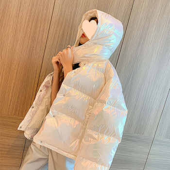 Jachetă de damă cu un singur nasture, albă, strălucitoare, din bumbac cu puf, stil nou 2025, jachetă groasă, elegantă și la modă, cu glugă, pentru femei