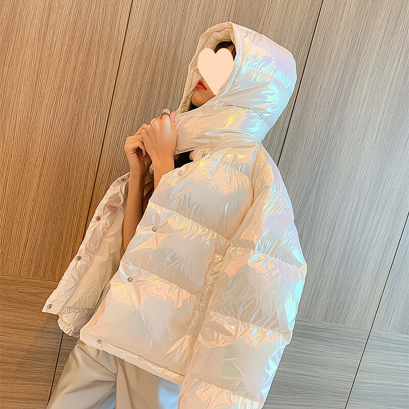 Jachetă de damă cu un singur nasture, albă, strălucitoare, din bumbac cu puf, stil nou 2025, jachetă groasă, elegantă și la modă, cu glugă, pentru femei