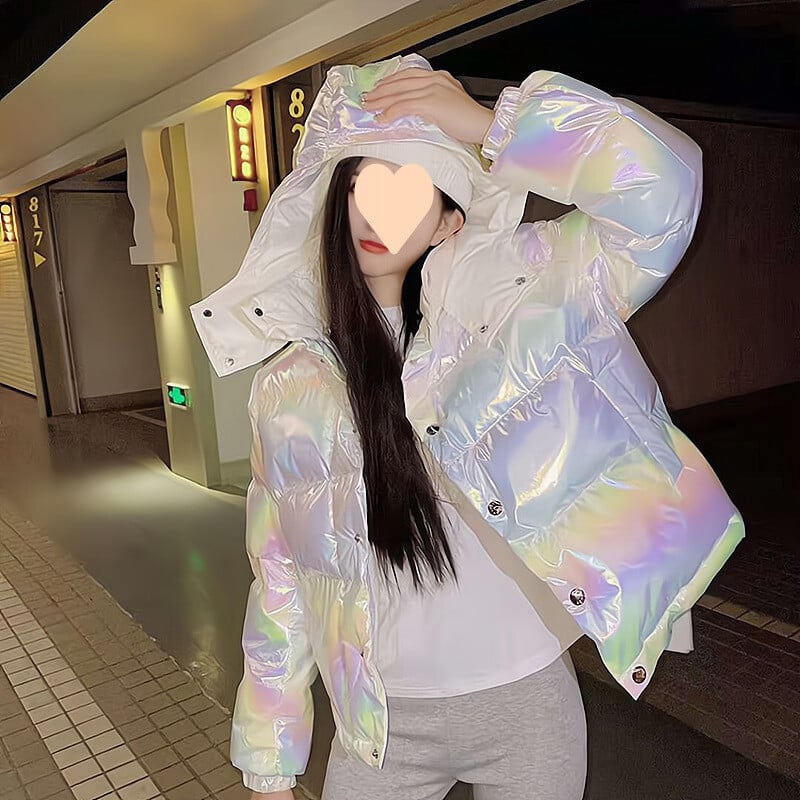 Jachetă de damă cu un singur nasture, albă, strălucitoare, din bumbac cu puf, stil nou 2025, jachetă groasă, elegantă și la modă, cu glugă, pentru femei