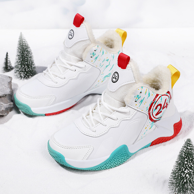 Баскетболни обувки за момчета, 10-1 година, зимна подплата с полар, дебел памук, топли, неплъзгащи се, устойчиви на износване, детски баскетболни обувки