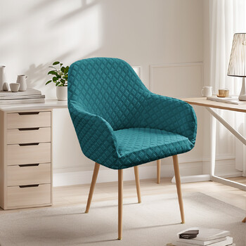 Elastinis, skersinis, žakardo, rombo formos kėdės užvalkalas, naujas, išlenktas, su aukštais porankiais ir elastingu, netaisyklingos formos viešbučio kėdės užvalkalu.