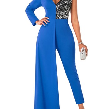 Moteriškas didesnių dydžių kombinezonas aukštu liemeniu, aptemptas ir su blizgučiais, yra. 