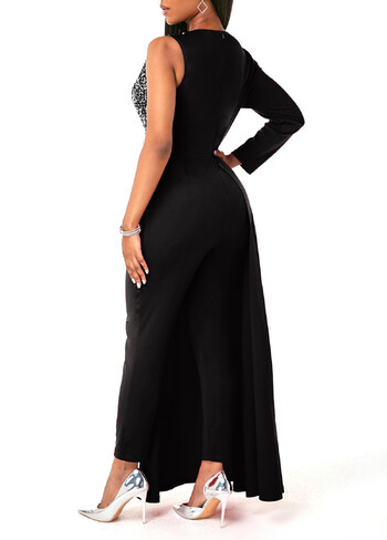 Moteriškas didesnių dydžių kombinezonas aukštu liemeniu, aptemptas ir su blizgučiais, yra. 