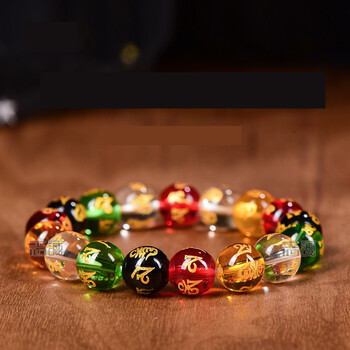 Staklena pozlaćena jednostruka narukvica sa šest simbola i mantrom, unisex, crvena, žuta, bijela, zelena, crna, staklena narukvica s pet elemenata