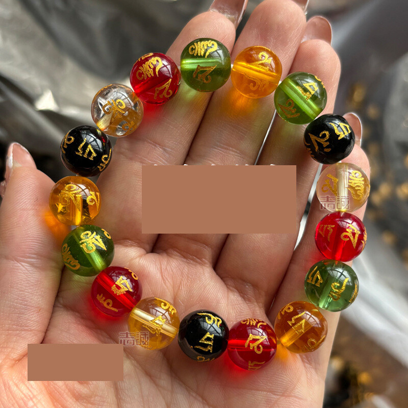 Staklena pozlaćena jednostruka narukvica sa šest simbola i mantrom, unisex, crvena, žuta, bijela, zelena, crna, staklena narukvica s pet elemenata