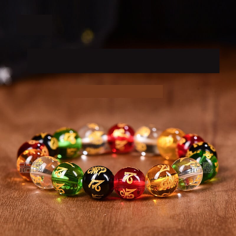 Staklena pozlaćena jednostruka narukvica sa šest simbola i mantrom, unisex, crvena, žuta, bijela, zelena, crna, staklena narukvica s pet elemenata