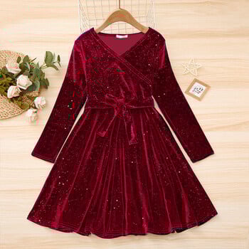 Есенно/зимна ретро рокля с V-образно деколте и дълъг ръкав, едноцветна, с пайети за рожден ден за тийнейджърки с колан