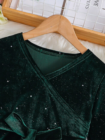 Есенно/зимна ретро рокля с V-образно деколте и дълъг ръкав, едноцветна, с пайети за рожден ден за тийнейджърки с колан