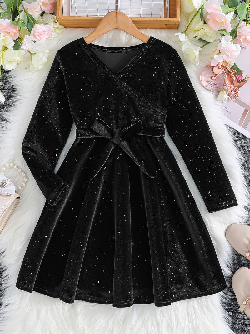Есенно/зимна ретро рокля с V-образно деколте и дълъг ръкав, едноцветна, с пайети за рожден ден за тийнейджърки с колан