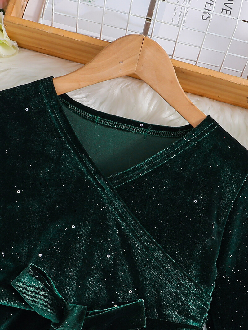 Есенно/зимна ретро рокля с V-образно деколте и дълъг ръкав, едноцветна, с пайети за рожден ден за тийнейджърки с колан