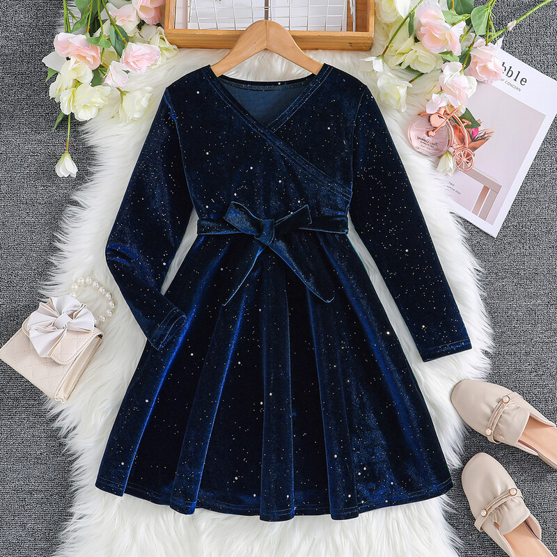 Есенно/зимна ретро рокля с V-образно деколте и дълъг ръкав, едноцветна, с пайети за рожден ден за тийнейджърки с колан