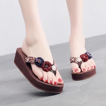 Naujos vasarinės moteriškos šlepetės su gėlių raštu, storu padu, neslystančiomis basutėmis, stilingos nešiojimui lauke, šlepetės atostogoms paplūdimyje