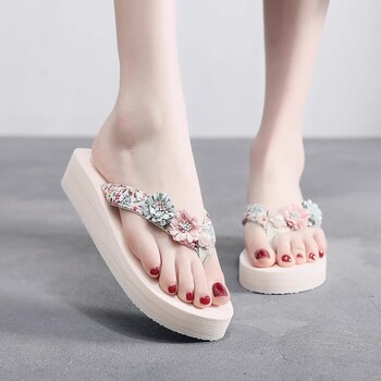 Naujos vasarinės moteriškos šlepetės su gėlių raštu, storu padu, neslystančiomis basutėmis, stilingos nešiojimui lauke, šlepetės atostogoms paplūdimyje