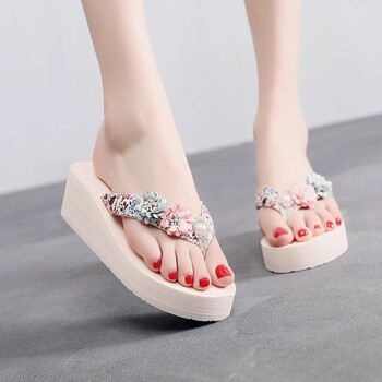 Naujos vasarinės moteriškos šlepetės su gėlių raštu, storu padu, neslystančiomis basutėmis, stilingos nešiojimui lauke, šlepetės atostogoms paplūdimyje