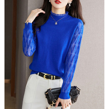 Γυναικείο τοπ με δαντέλα και ψηλό γιακά, νέο στυλ άνοιξη 2024, τοπ με εσωτερική στρώση, πλεκτό πουλόβερ, μαύρο πουλόβερ, ανοιξιάτικο