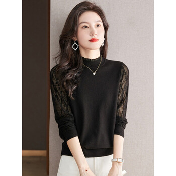 Γυναικείο τοπ με δαντέλα και ψηλό γιακά, νέο στυλ άνοιξη 2024, τοπ με εσωτερική στρώση, πλεκτό πουλόβερ, μαύρο πουλόβερ, ανοιξιάτικο