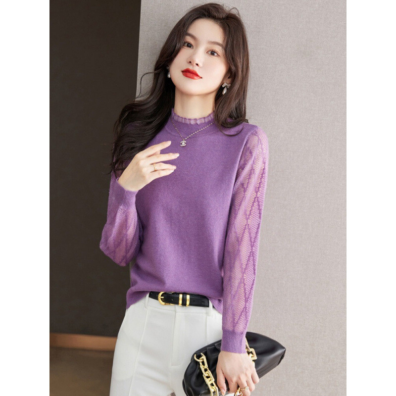 Ženski čipkasti top s visokim ovratnikom, novi stil proljeće 2024., top s unutarnjim slojem, pleteni džemper, crni džemper, proljeće