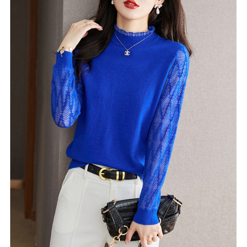 Ženski čipkasti top s visokim ovratnikom, novi stil proljeće 2024., top s unutarnjim slojem, pleteni džemper, crni džemper, proljeće