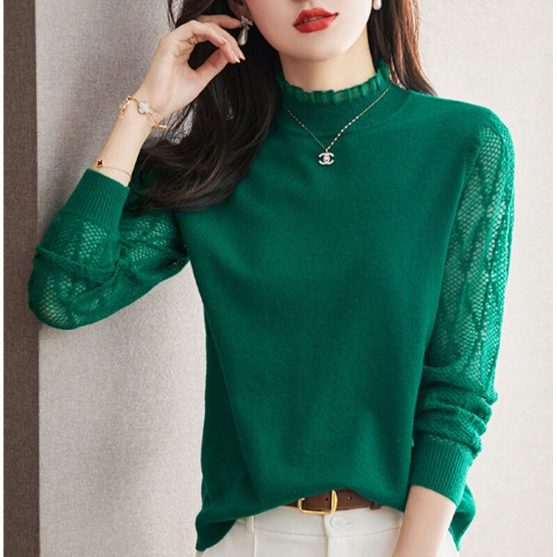 Ženski čipkasti top s visokim ovratnikom, novi stil proljeće 2024., top s unutarnjim slojem, pleteni džemper, crni džemper, proljeće